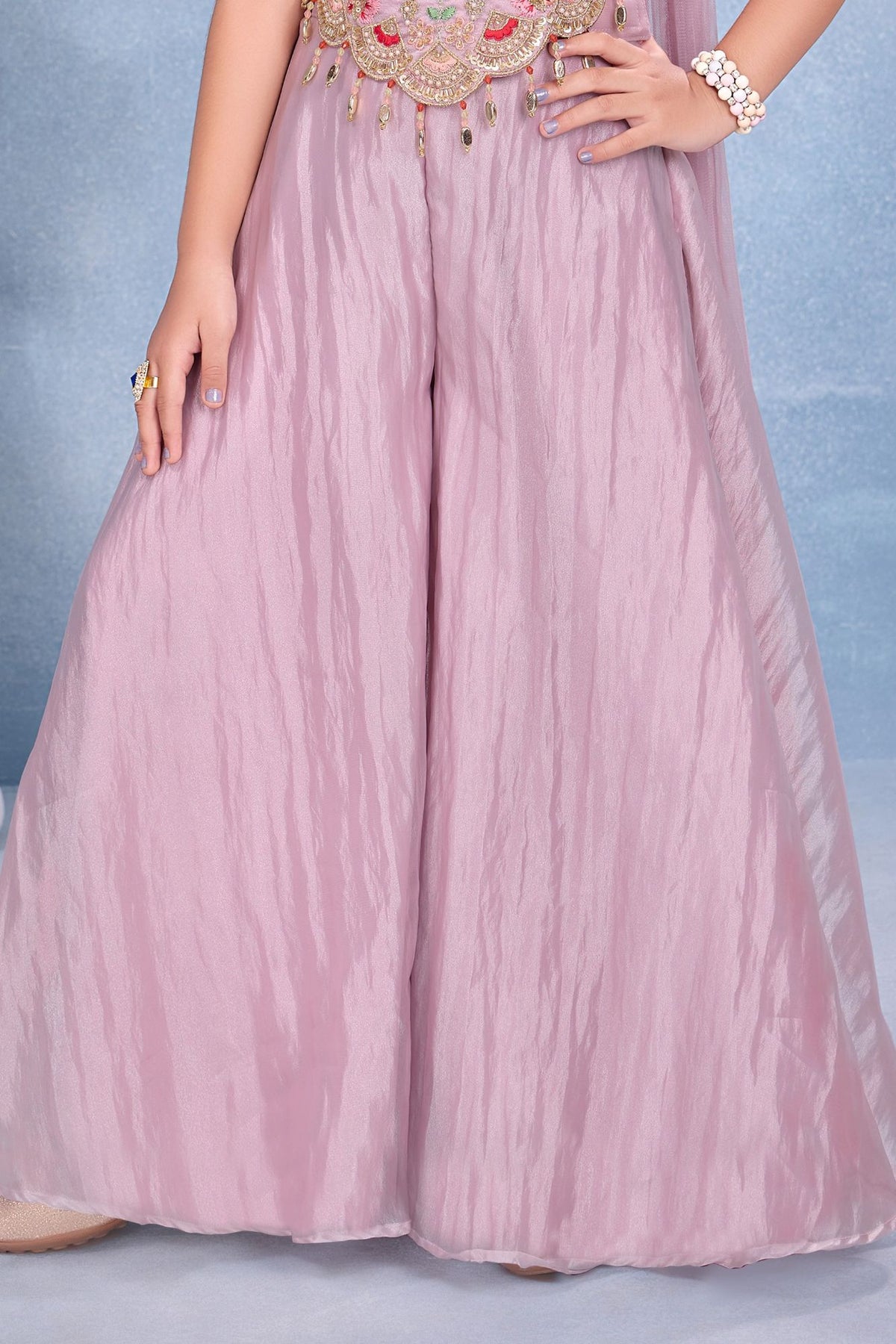 Girls Onion Pink Embroidered Palazzo Set With Dupatta