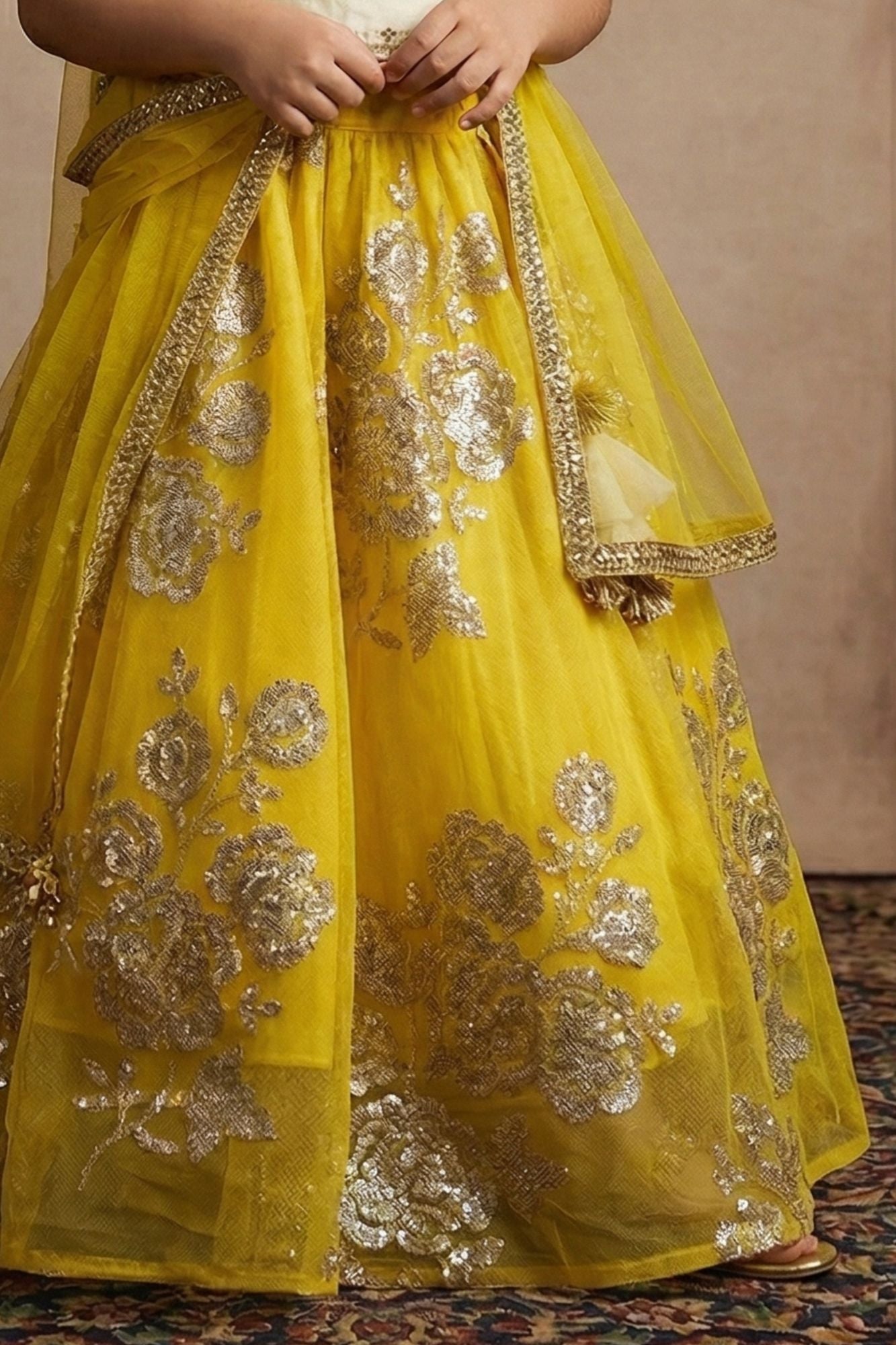 Girls Lime Yellow Sequin Embroidered Lehenga Choli Set