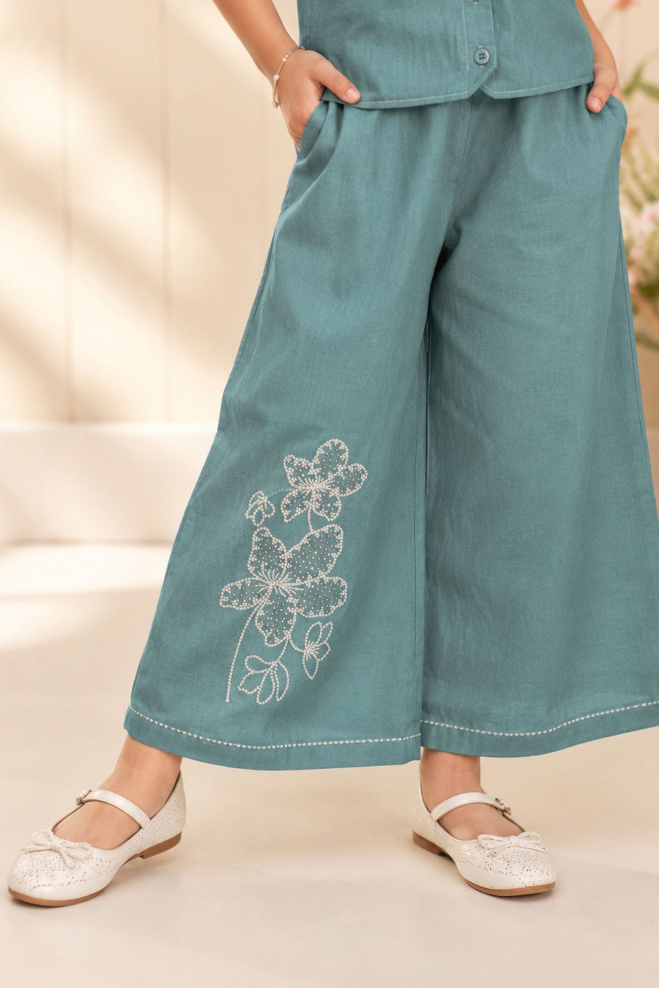 Aqua Blue Floral Embroidered Shirt & Wide-Leg Co-Ord Set