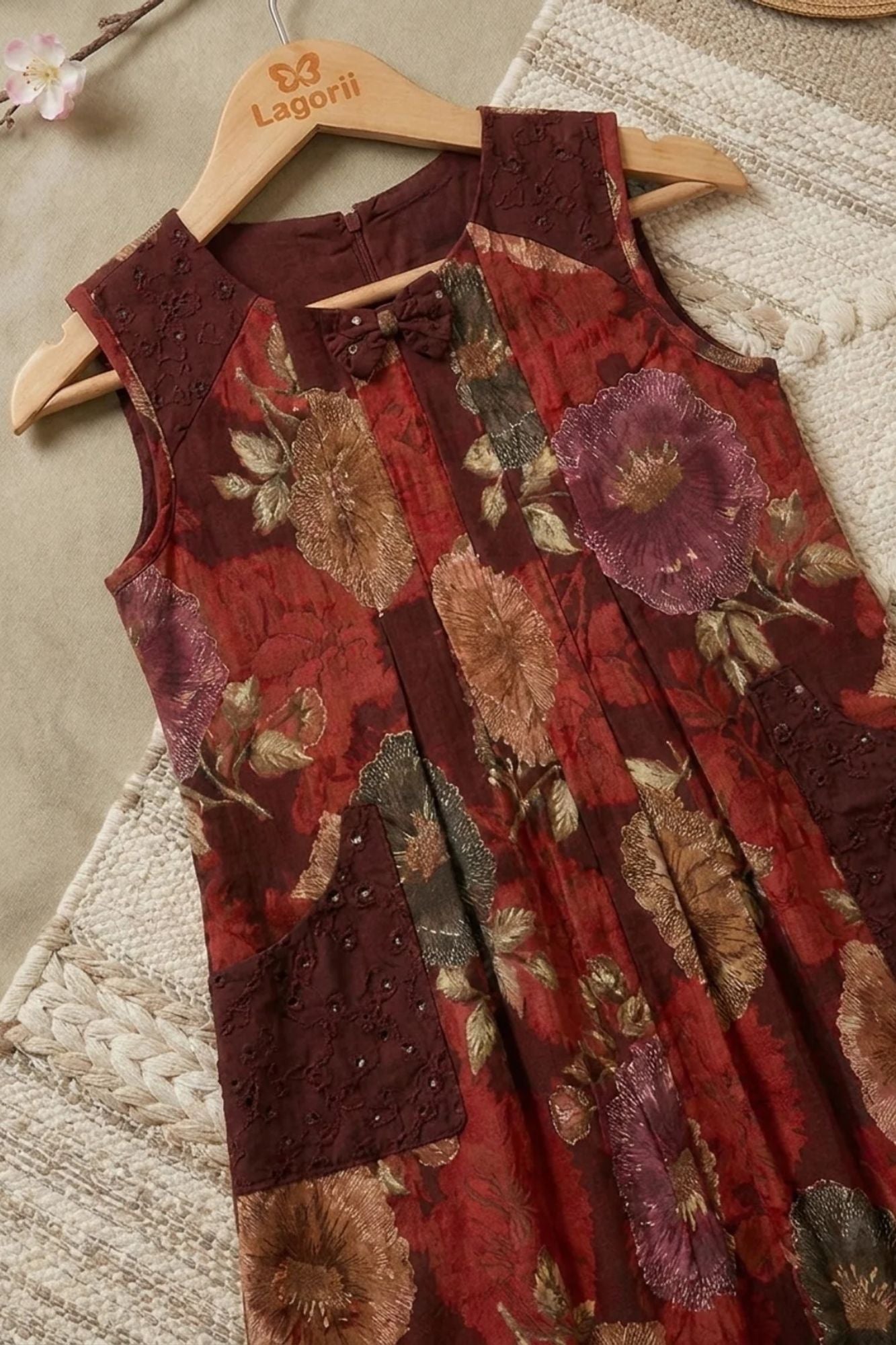 Girls Maroon Floral Printed Dress With Lace Panels and Pleats