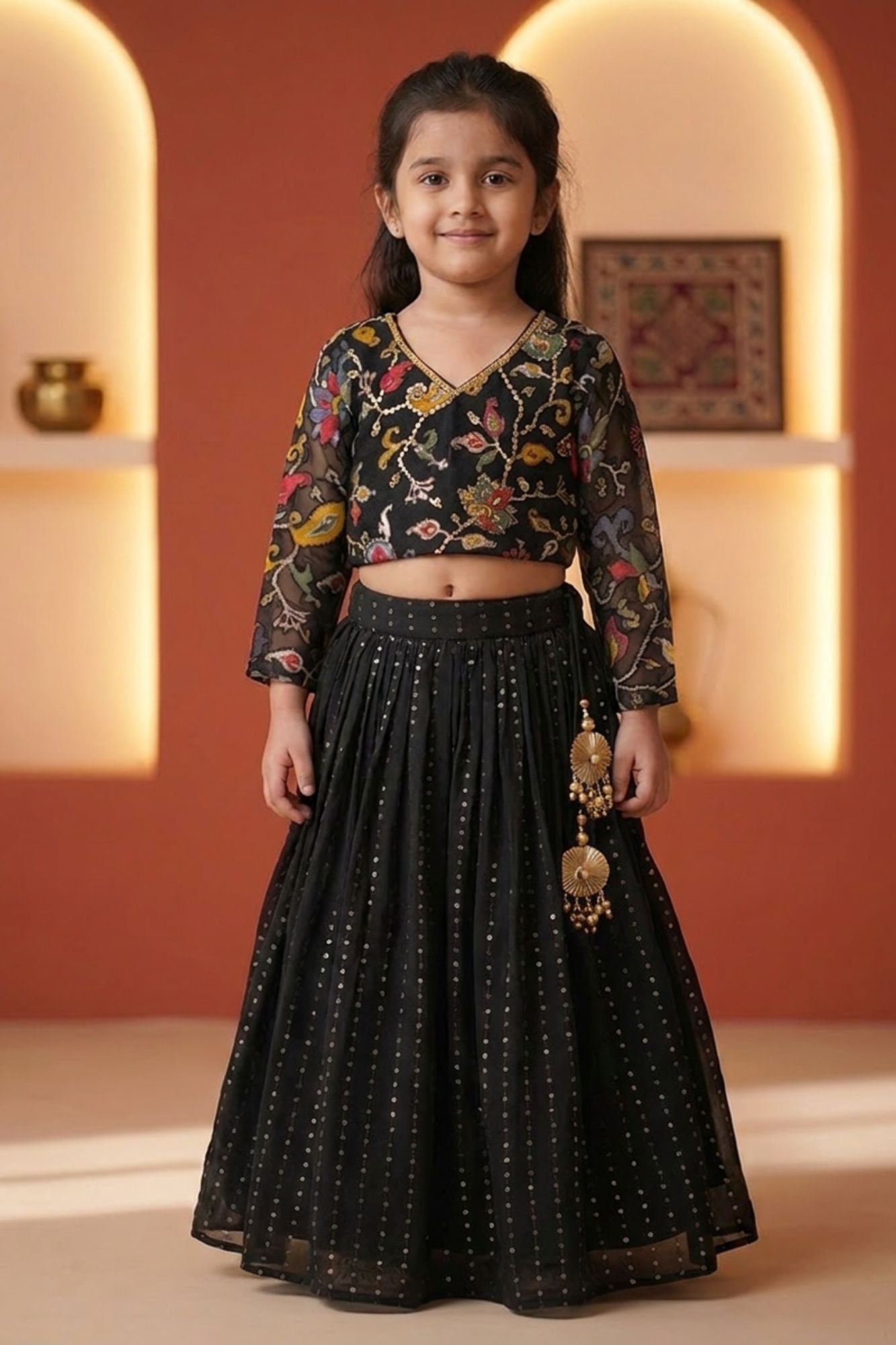 Girls Black Embroidered Lehenga Choli Set with Sheer Sleeves