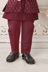 Classic Maroon Kurta Set With Overcoat For Boys