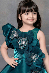 Blue Organza Gown With Floral Embellished For Girls