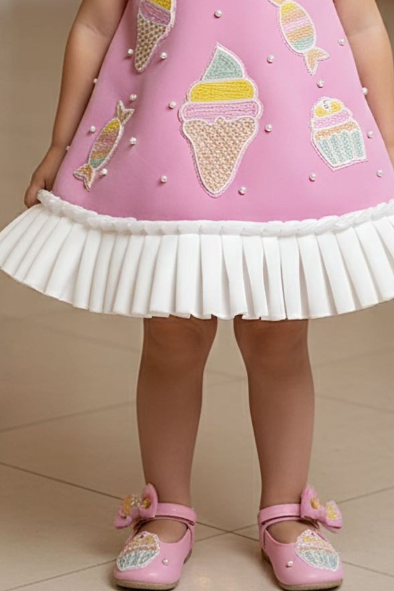 Baby Pink Ice Cream Appliqué Party Wear Frock with Pleated Ruffle Sleeves For Girls