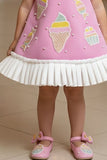 Baby Pink Ice Cream Appliqué Party Wear Frock with Pleated Ruffle Sleeves For Girls