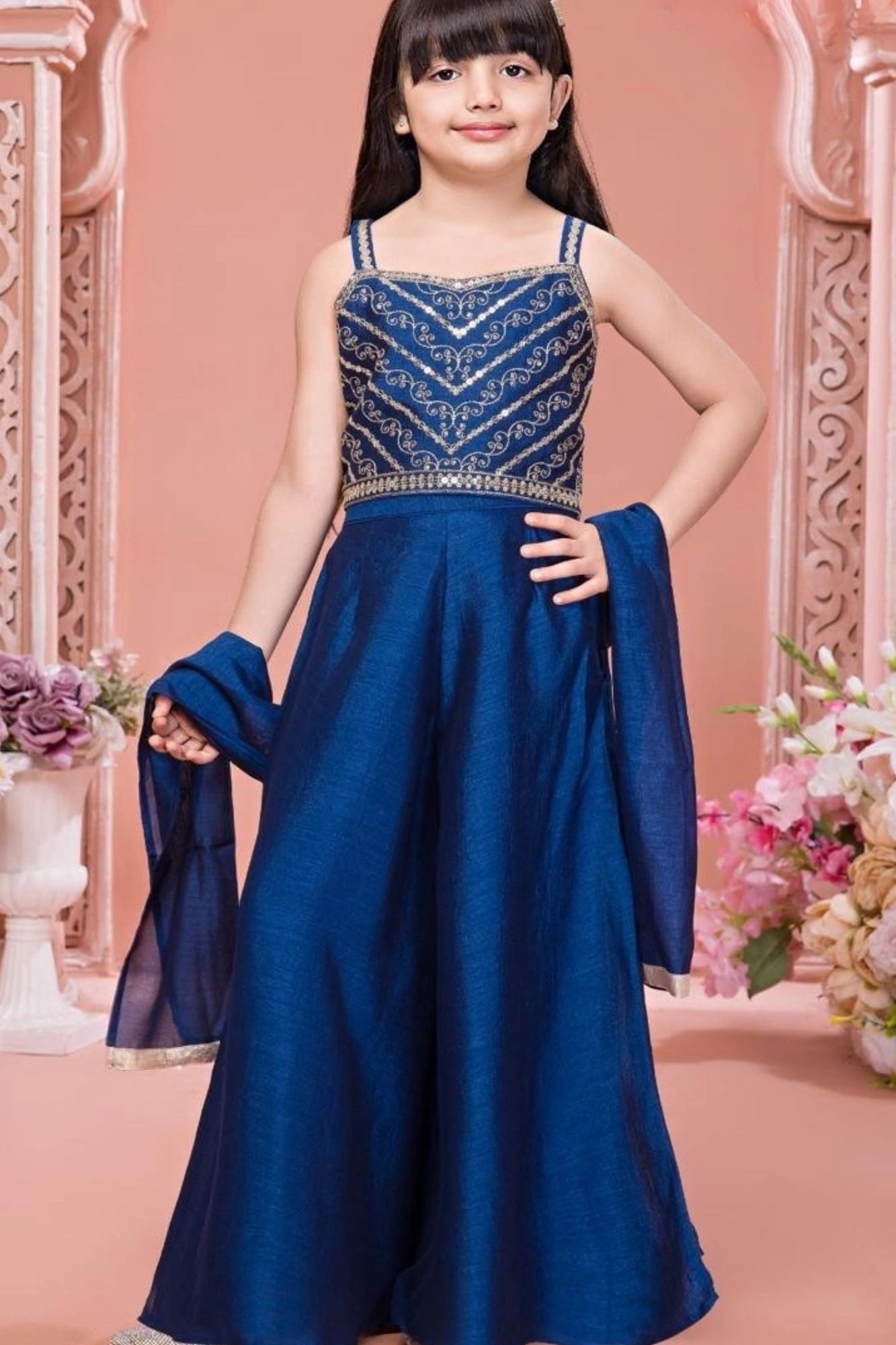 Navy Blue Embroidered  Palazzo Set With Dupatta For Girls
