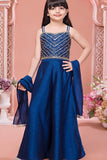 Navy Blue Embroidered  Palazzo Set With Dupatta For Girls