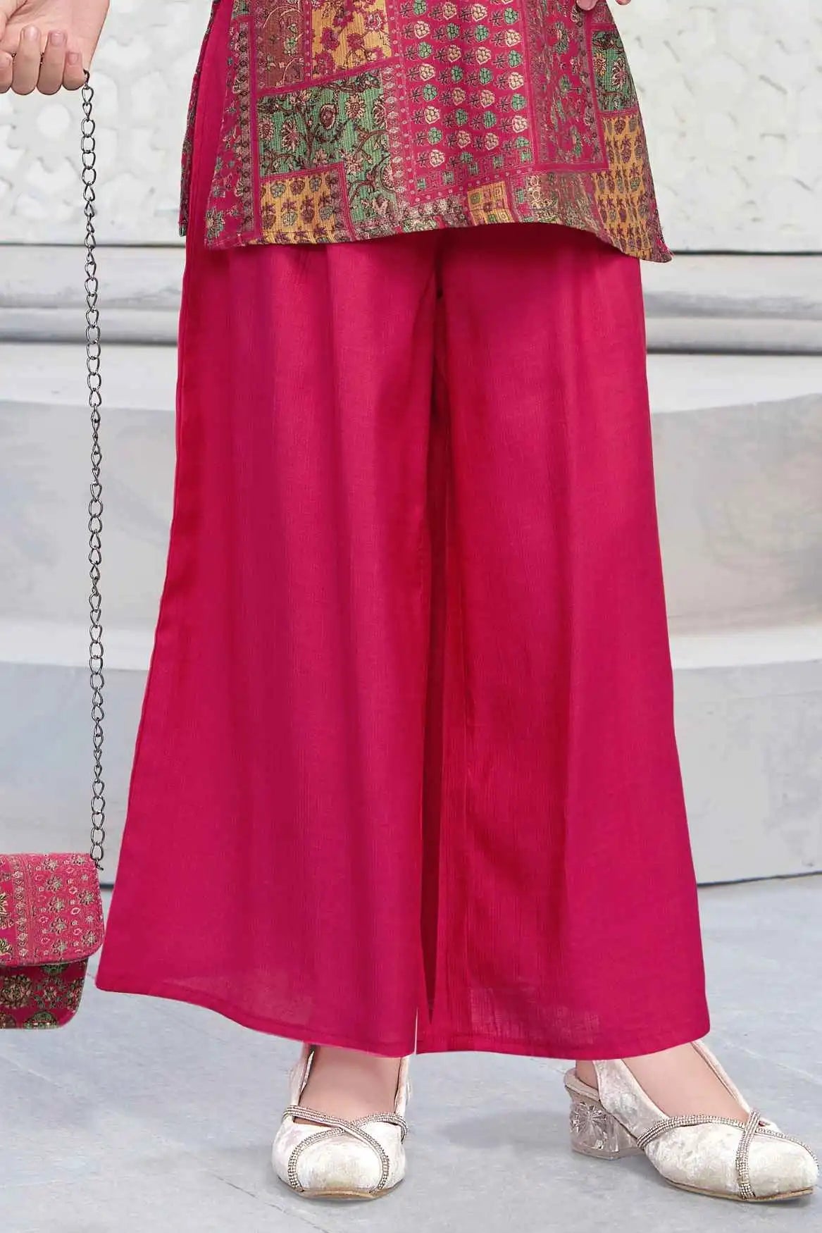 Rani Pink Palazzo Set with Ethnic Printed Top And Sling Bag For Girls