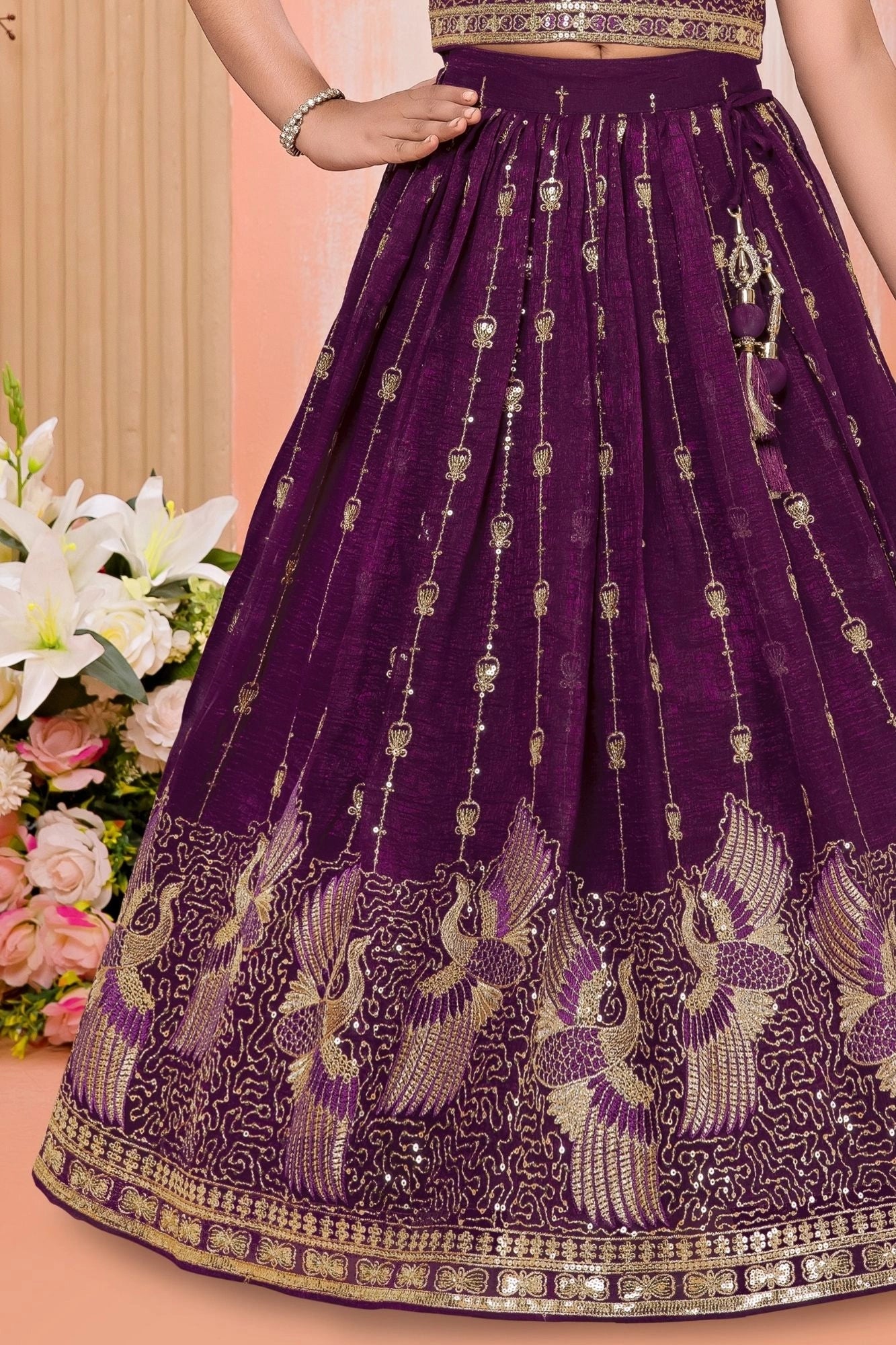 Plum Purple Sequins Bird Embroidered Lehenga Choli Set for Girls