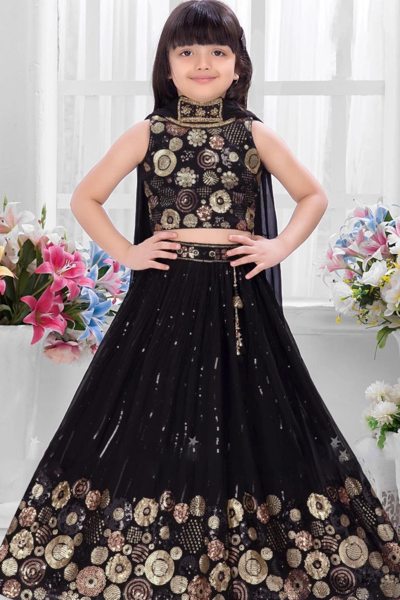 Black Embroidered Crop Top Lehenga Set with Dupatta For Girls