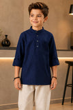Blue Geometric Thread Embroidered Pure Linen Kurta
