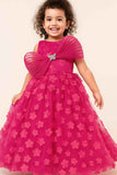 Rani Pink 3D Floral Appliqué Party Gown With Pleated Bow And Butterfly Brooch For Girls