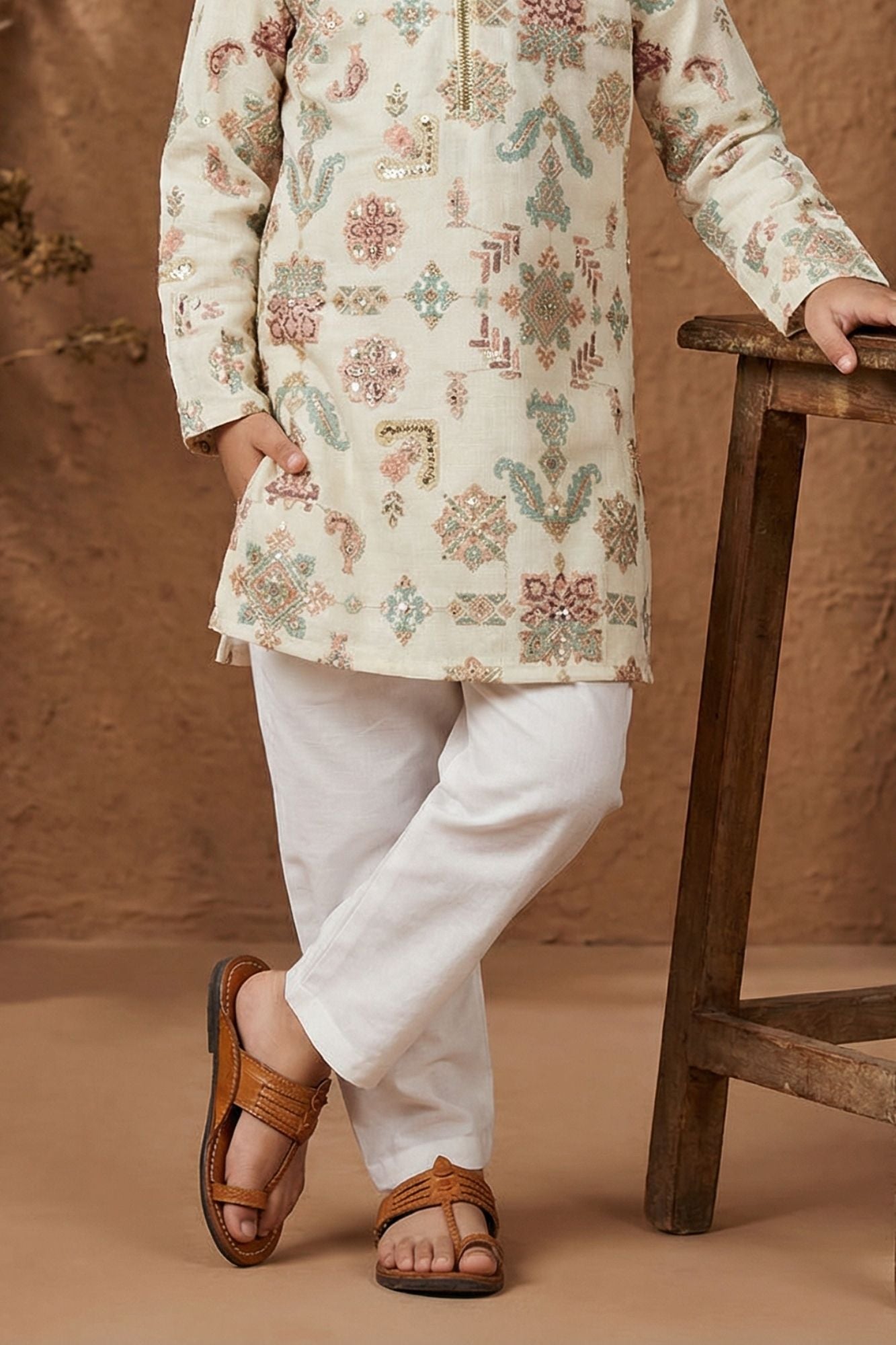 Ivory Embroidered Kurta Set With Pajama For Boys