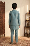 Boys Dusty Blue Floral And Paisley Embroidered Kurta Set With Nehru Jacket