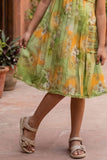 Olive Green Floral Pleated Frock For Girls