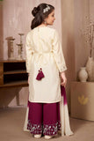 Cream Embroidered Kurti Wine Palazzo Set with Dupatta for Girls
