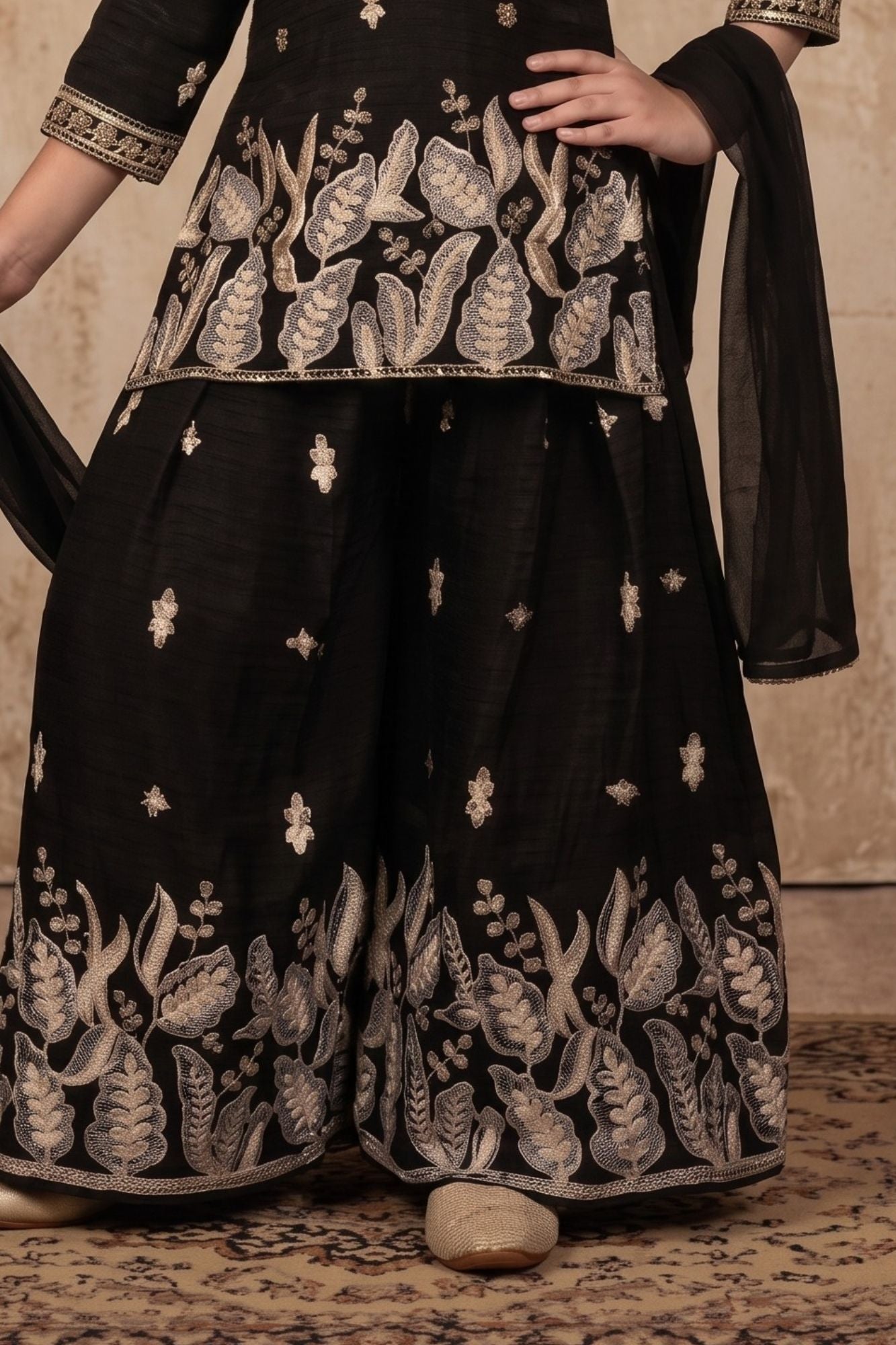Black Zari Embroidered Palazzo Set For Girls