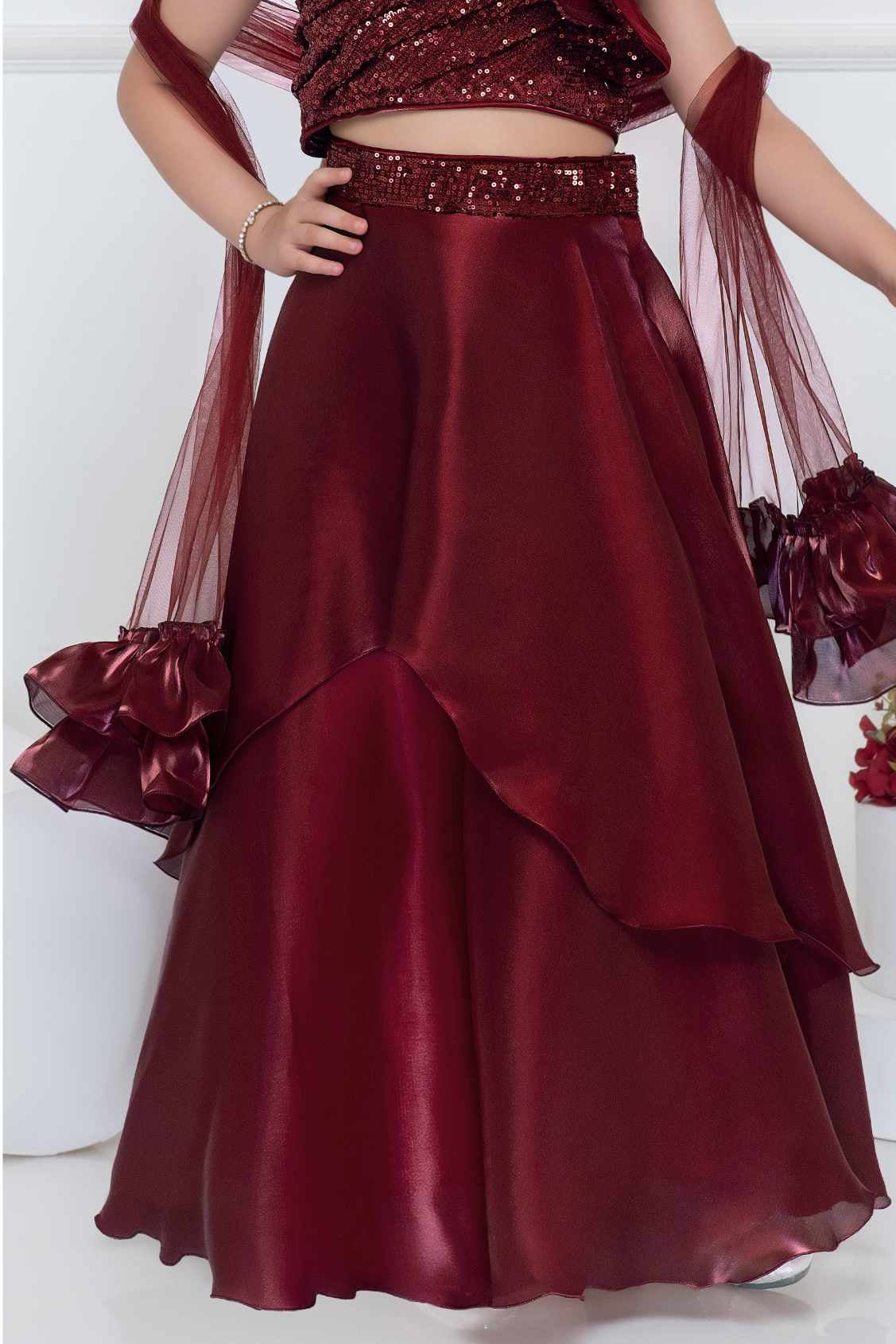 Maroon Organza Lehenga Choli And Dupatta For Girls