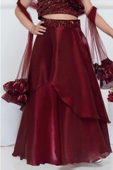 Maroon Organza Lehenga Choli And Dupatta For Girls