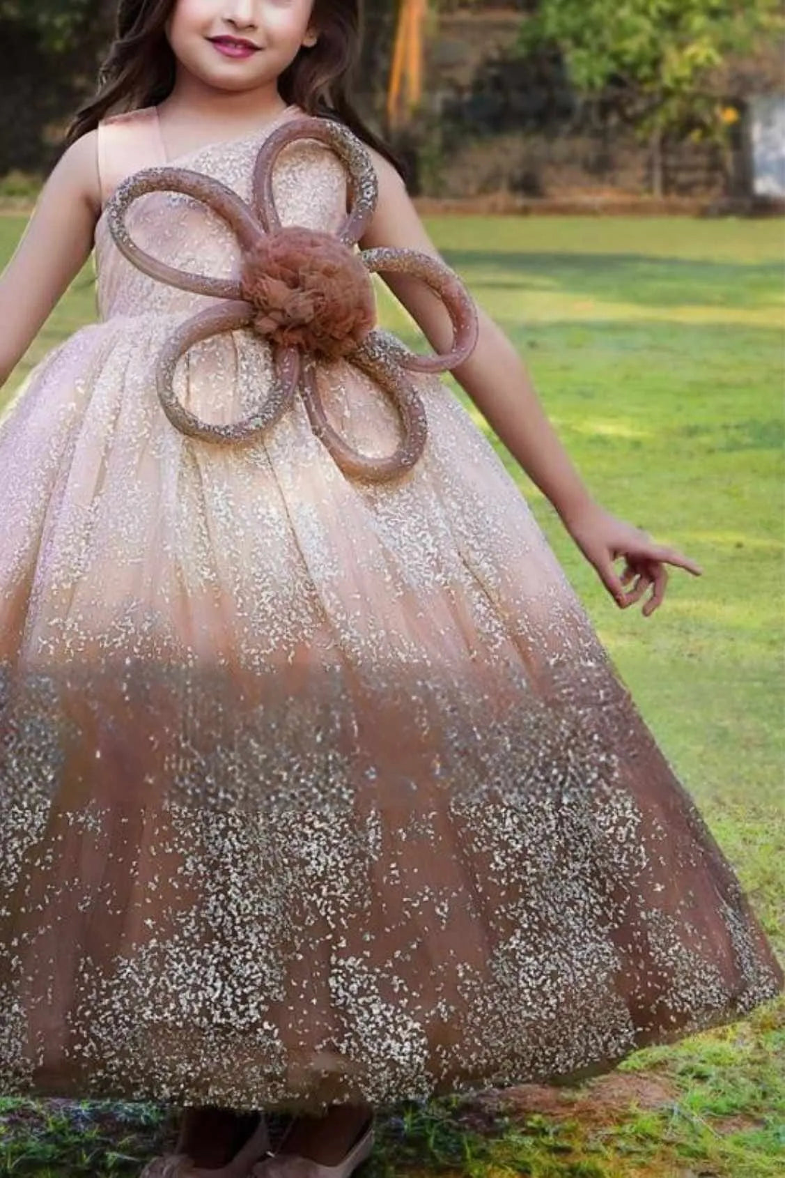 Brown Ombre One-Shoulder Sparkle Party Gown for Girls