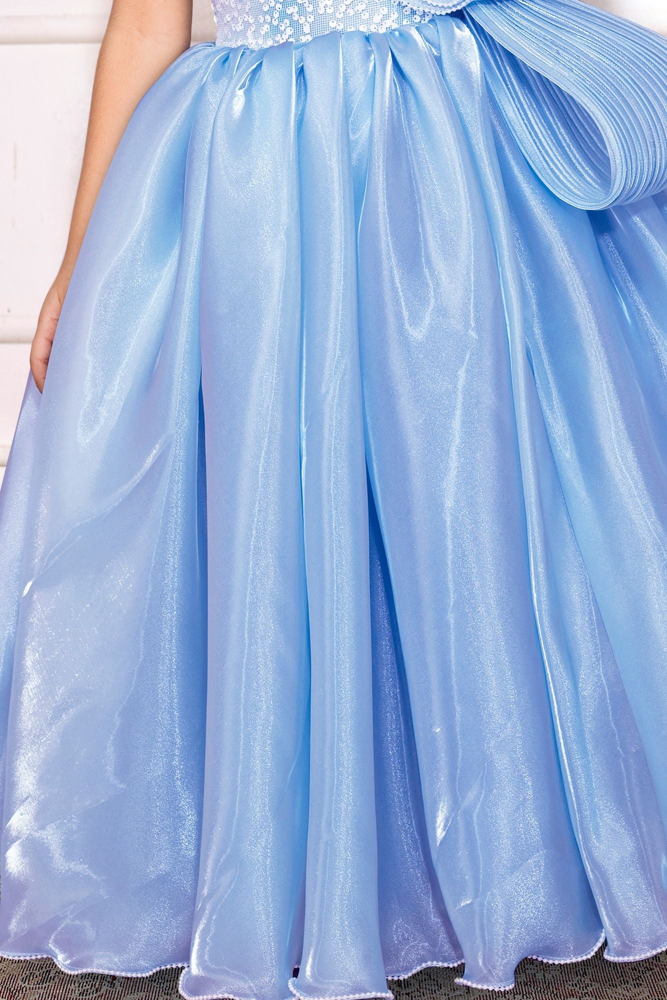 Girls Blue One-Shoulder Party Gown with 3D Floral Ruffles