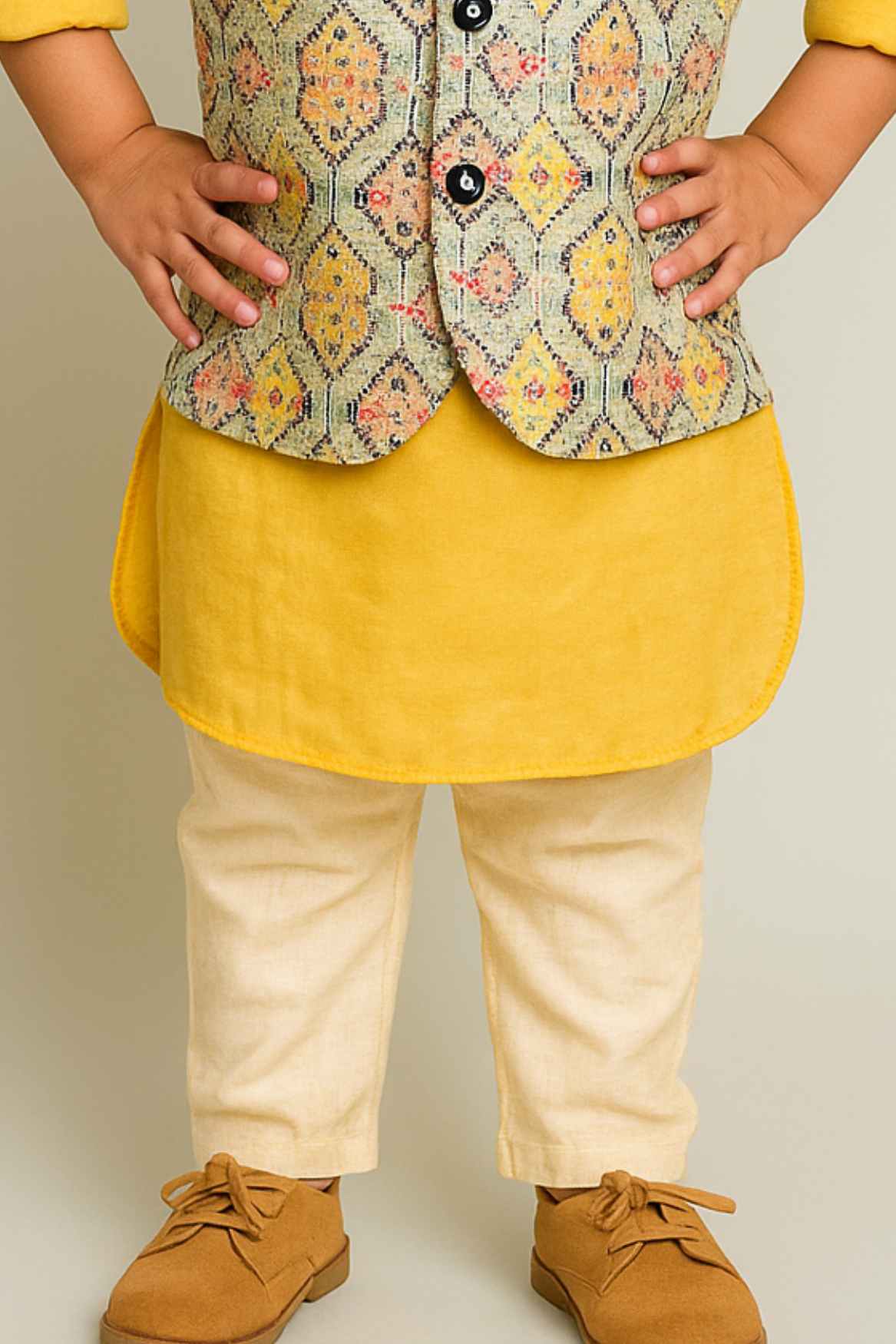 Mustard Yellow Kurta Pyjama Set With Printed Waist Coat For Boys