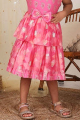 Pink Sleeveless Chanderi Silk Printed With Bow Embellishment Frock For Girls