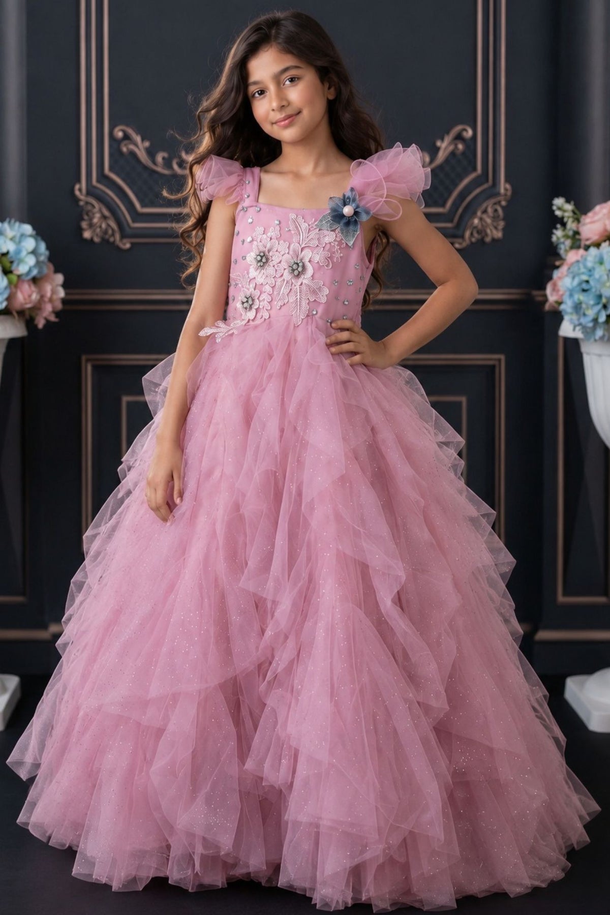 Girls Lavender Floral Embellished Layered Party Wear Gown