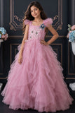 Girls Lavender Floral Embellished Layered Party Wear Gown