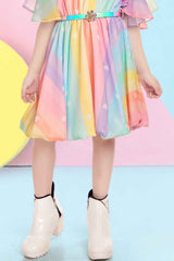 Rainbow Frock With Circle Sleeves And Pearl Brooch For Girls