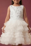 Girls White Embroidered Layered Net Party Wear Frock