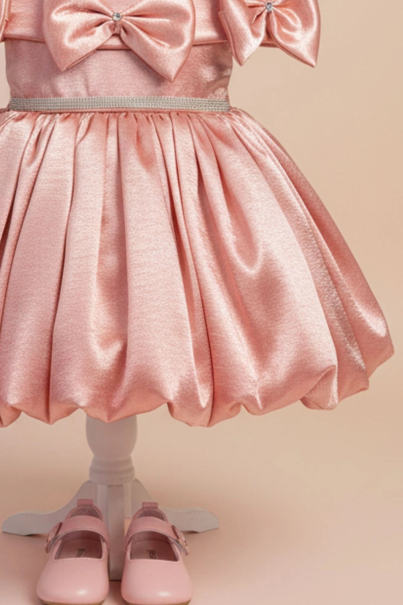 Copper Party Wear Frock with Shoulder Bows and Crystal Belt For Girls