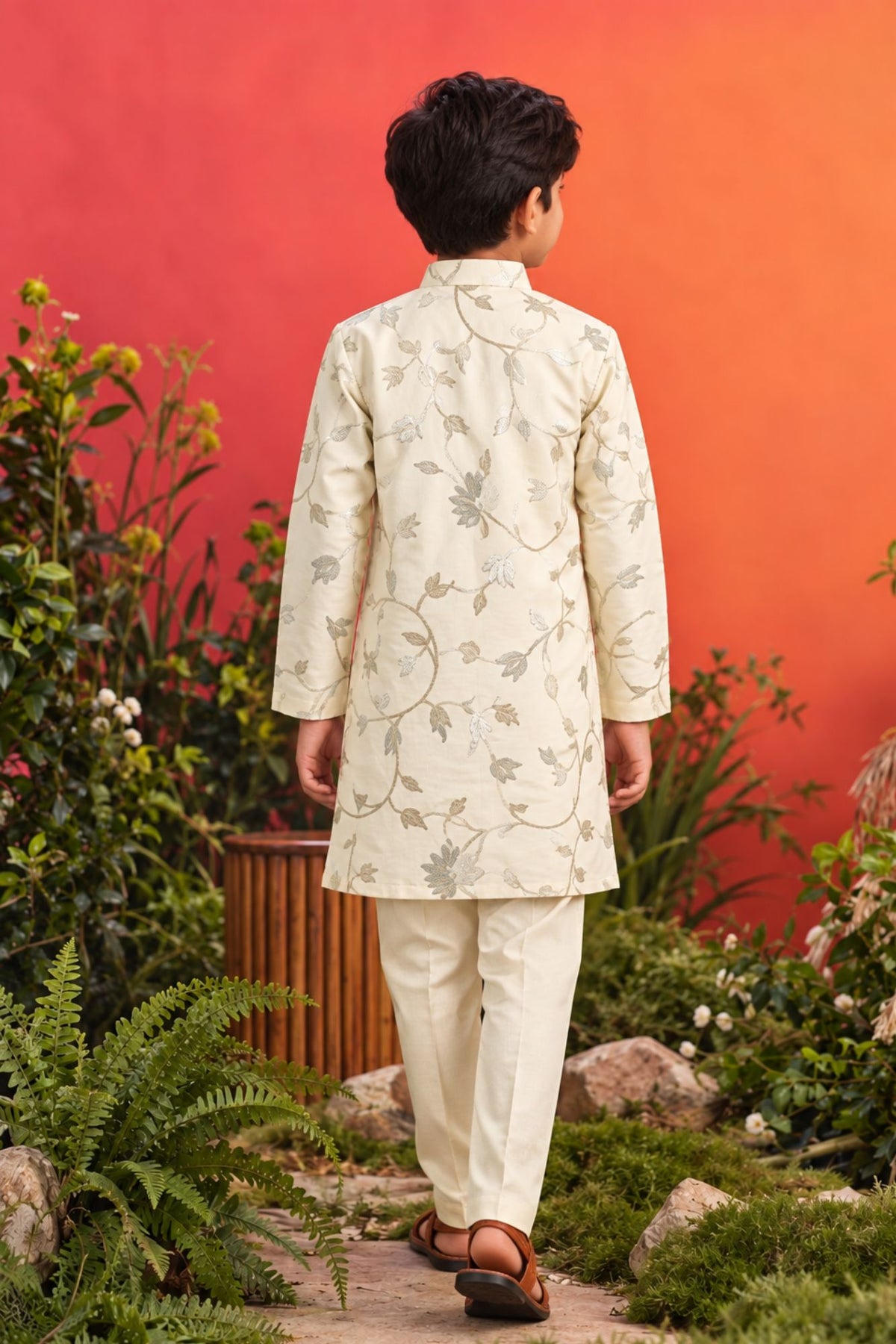 Boys Cream Kurta Pajama Set with Floral Gota Patti And Sequin Work