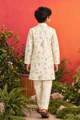 Boys Cream Kurta Pajama Set with Floral Gota Patti And Sequin Work