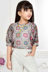 Multicolor Embroidered Top With Cream Bottom Set For Girls