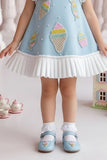 Sky Blue Ice Cream Appliqué Party Wear Frock with Pleated Ruffle Sleeves For Girls