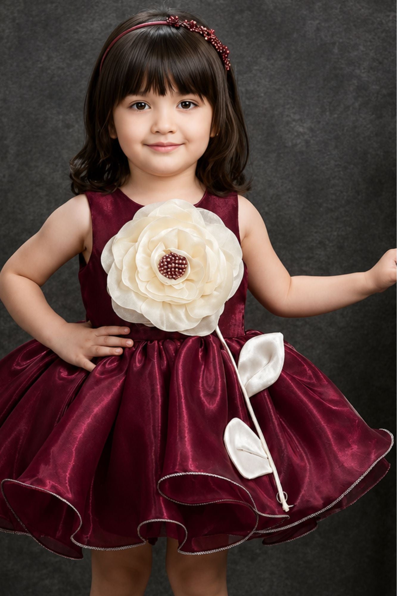 Wine Party Wear Frock With Beige 3D Floral Applique