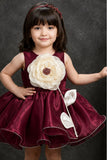 Wine Party Wear Frock With Beige 3D Floral Applique
