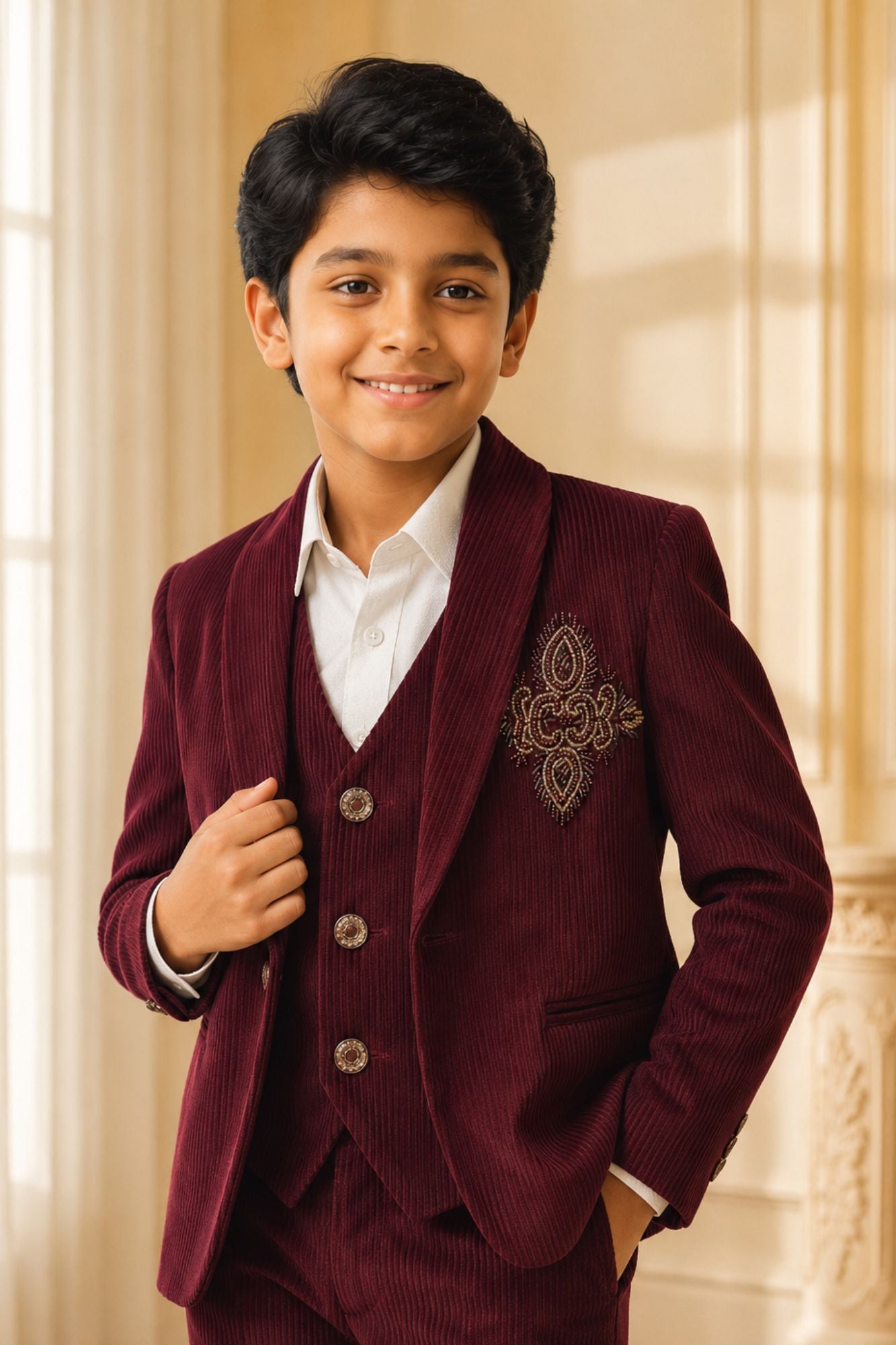 Boys Maroon Embroidered Shawl Collar Party Wear Suit Set