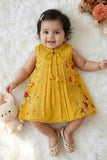 Girls Mustard Embroidered Dress with Tie-Up Neck