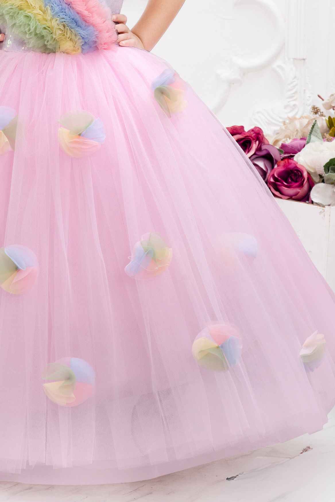 Pink Net Gown With Rainbow Pattern Ruffle Design For Girls – Lagorii Kids