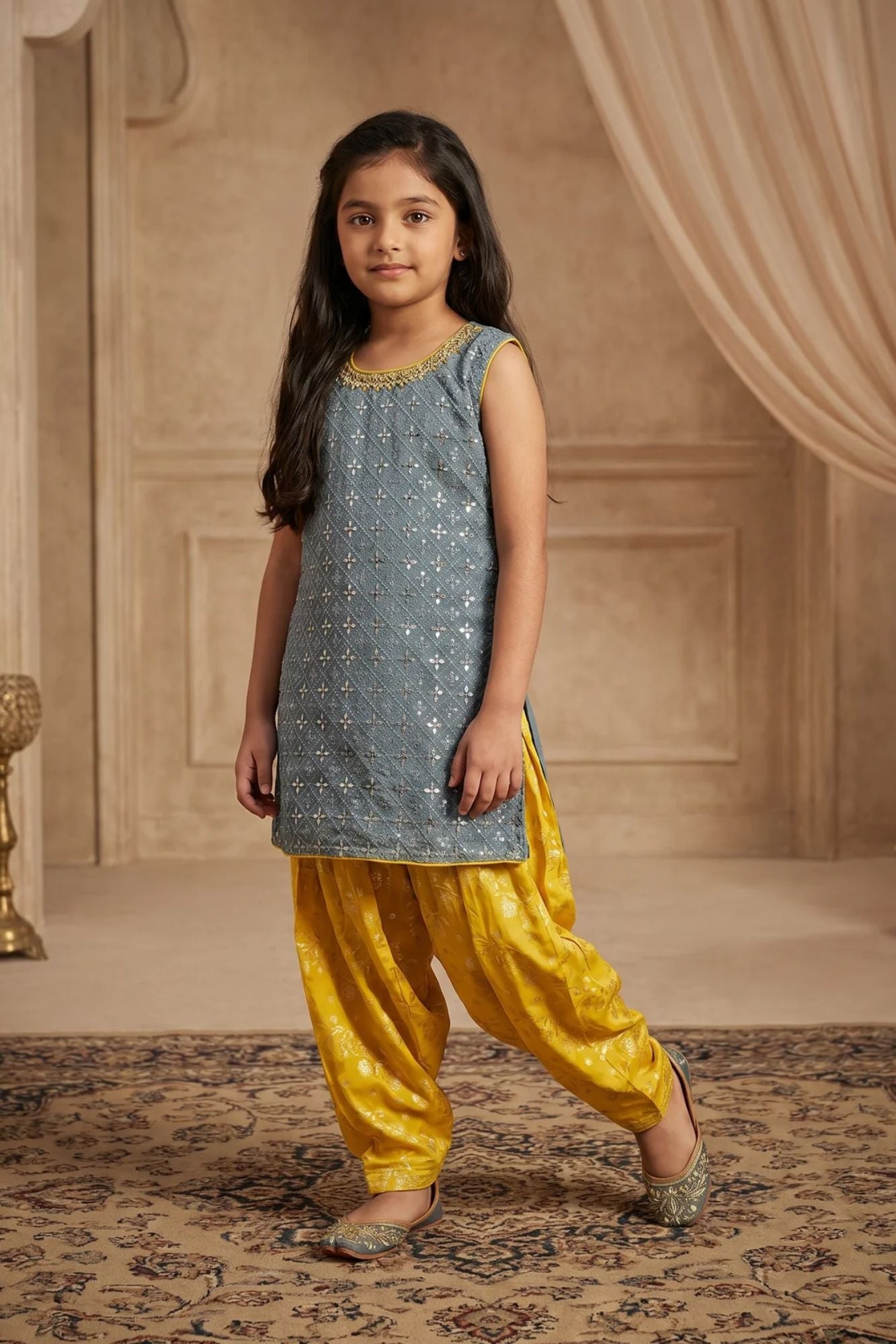 Grey And Yellow Seqiuns Embroidered Patiala Set with Dupatta For Girls