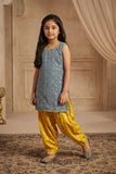 Grey And Yellow Seqiuns Embroidered Patiala Set with Dupatta For Girls