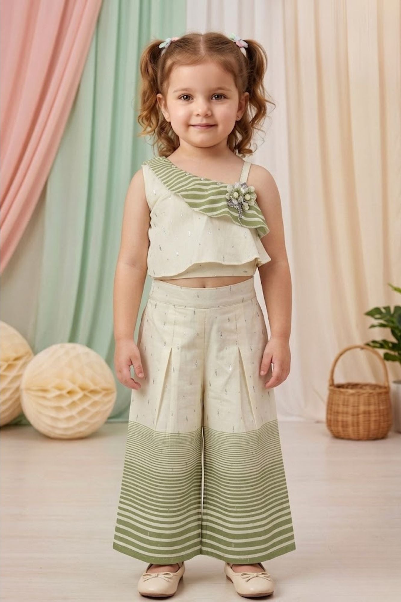 Girls Cream and Green One-Shoulder Co-Ord Set with Striped Wide-Leg Pants
