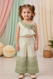 Girls Cream and Green One-Shoulder Co-Ord Set with Striped Wide-Leg Pants