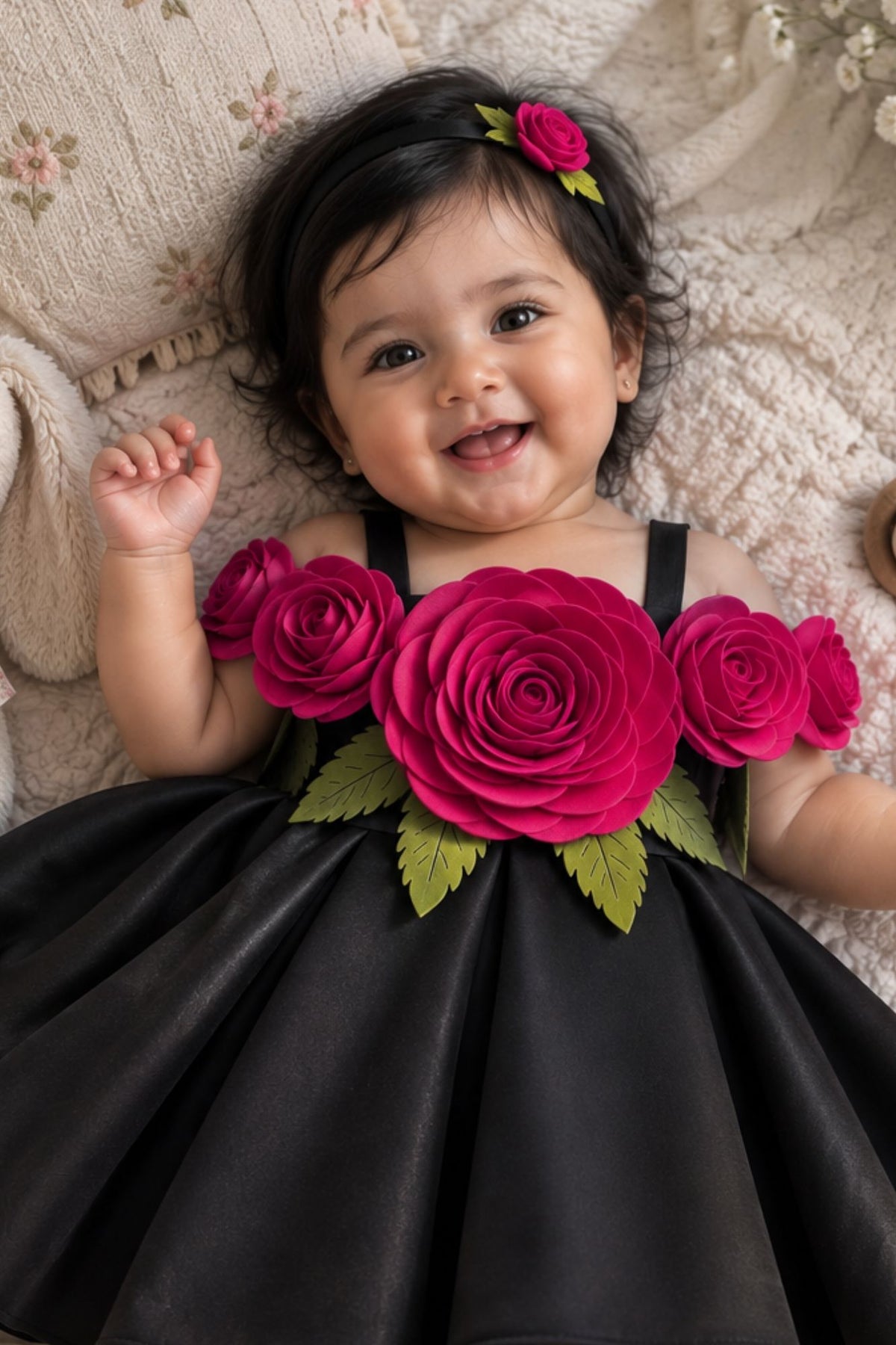 Girls Black 3D Floral Applique Party Wear Frock