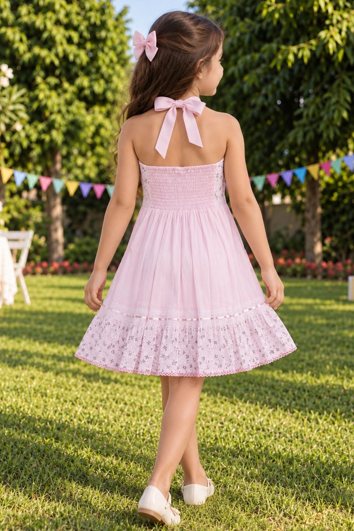 Girls Light Pink Floral Lace Halter Neck Pleated Dress