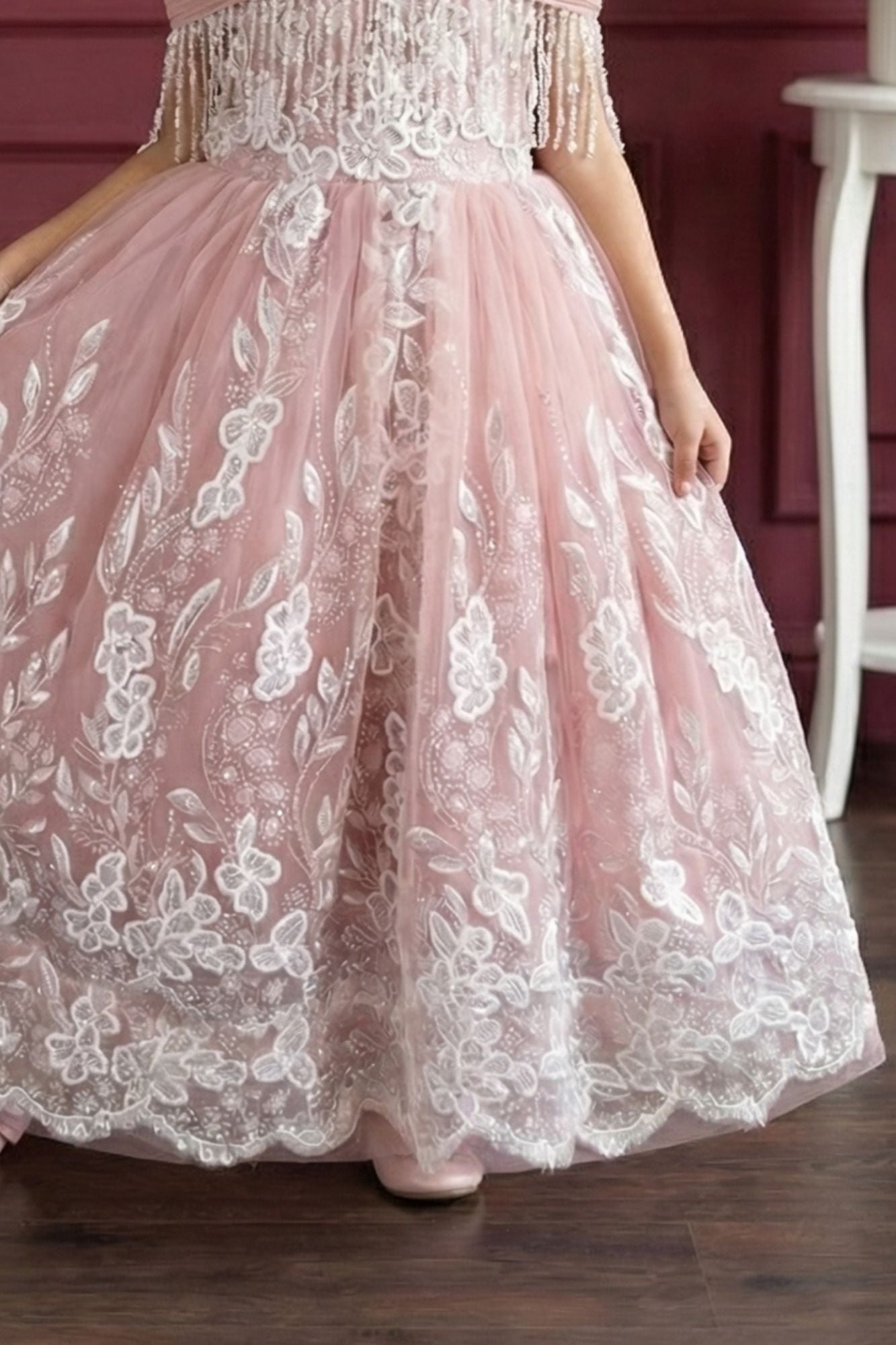 Peach Embroidered Off-Shoulder Princess Ball Gown For Girls