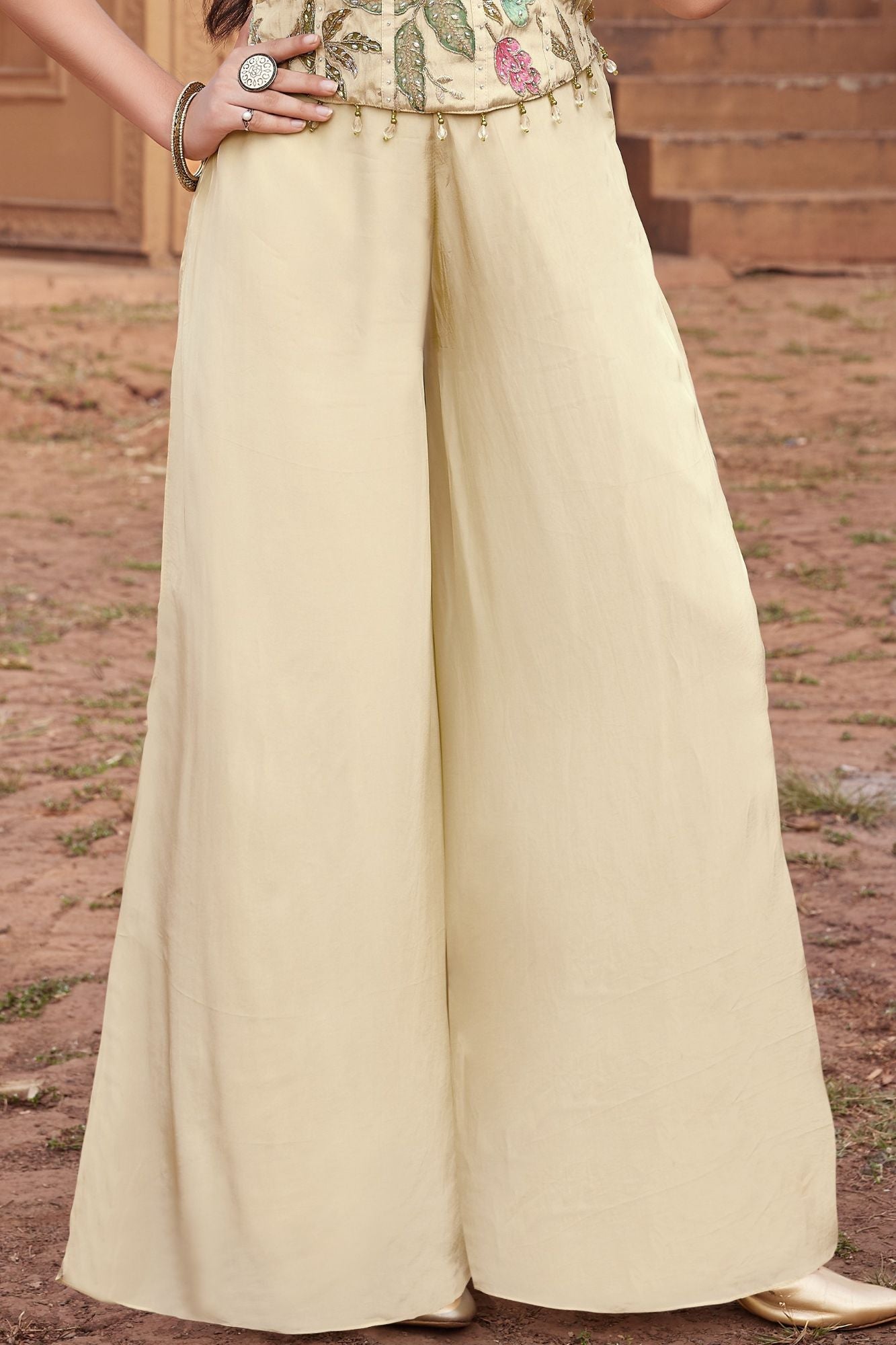 Cream Embroidered Palazzo Set For Girls