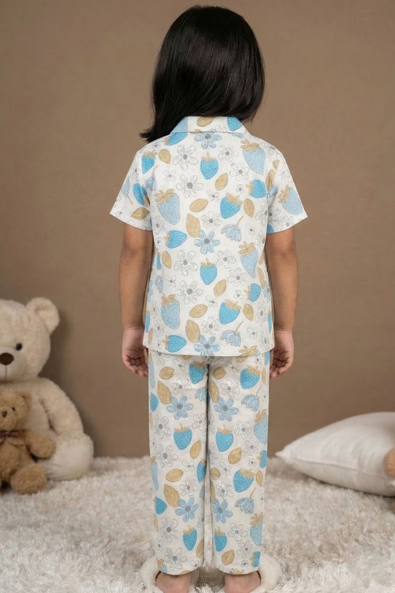 White Strawberry Floral Printed Night Suit Set For Girls